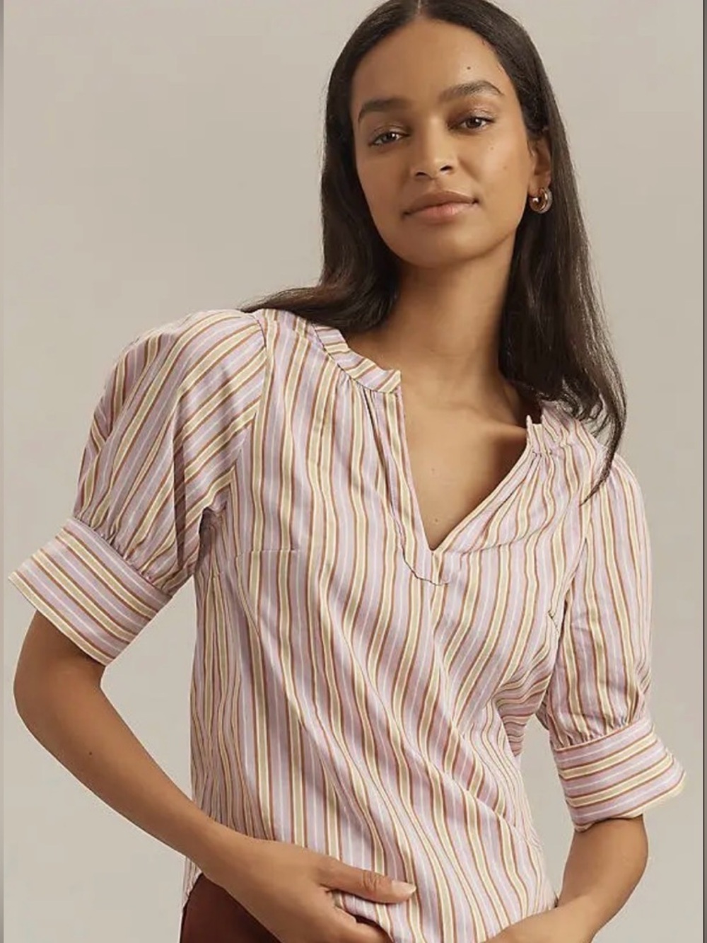 Maeve by Anthropologie Striped Puff Sleeve V-Neck Blouse - Size M